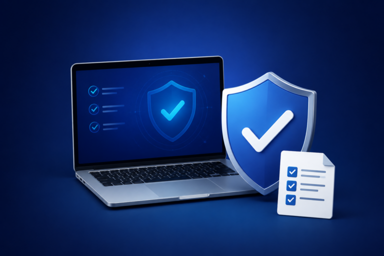 Cybersecurity compliance services illustrated by a protected business laptop, security shield, and compliance checklist