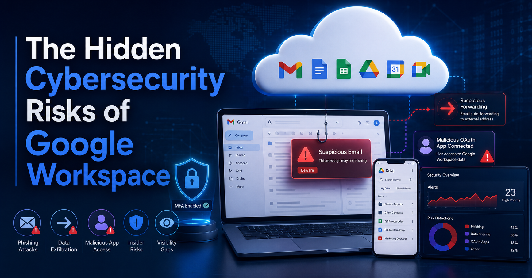 Google Workspace cybersecurity risks including phishing, malicious OAuth applications, email forwarding, MFA and security monitoring