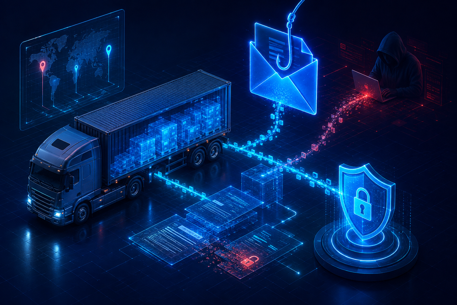 How freight fraud starts with an email showing cyber attacks and double brokering scams in logistics