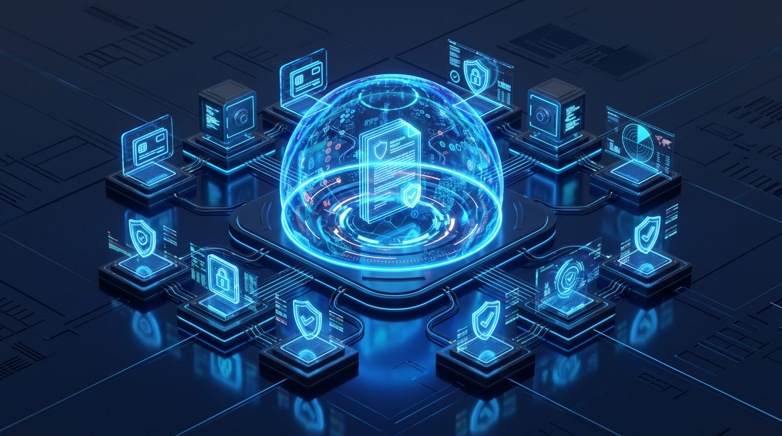 Insurance agency cybersecurity controls showing digital shield, EDR protection, and compliance nodes
